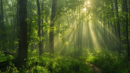 Naklejka premium Morning in the misty spring forest with sun