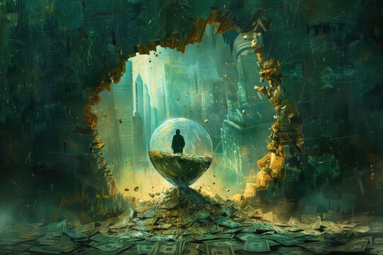 A person trapped in an hourglass filled with money, symbolizing the erosion of wealth.