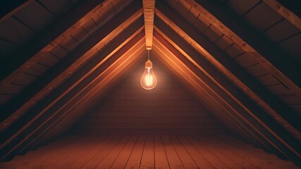 Cozy dimly lit attic space with wooden beams and exposed light bulb hanging from the ceiling