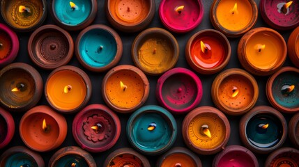 Fototapeta premium A close-up view of colorful diya lamps lit for Diwali