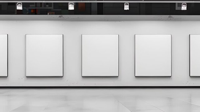 Empty modern art gallery with blank canvases on white walls. Perfect for showcasing artworks or product designs in a clean, minimalist setting.