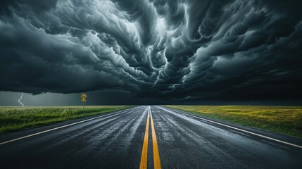 Dark Storm Clouds Over a Wet Asphalt Road