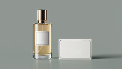 Professional Photo Mockup of a Luxe Perfume Bottle and Business Card Against a Solid Background