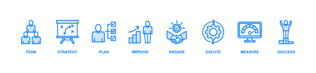 Change management banner web icon vector illustration for business transformation and organizational change with team, strategy, plan, improve, engage, execute, measure, and success icon
