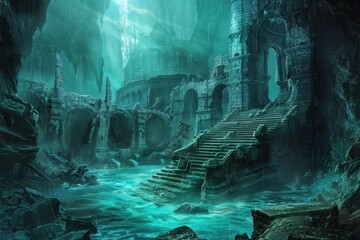 Fototapeta premium Ancient ruins of a forgotten underwater city bathed in an eerie green light