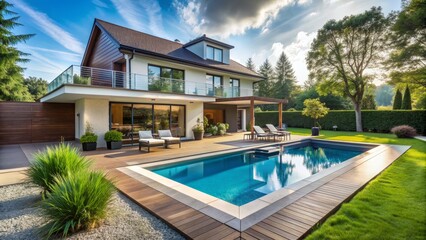 Fototapeta premium Modern Home with Pool and Garden, Daytime, Wide-Angle View, Architectural Photography, Outdoor Living Concept