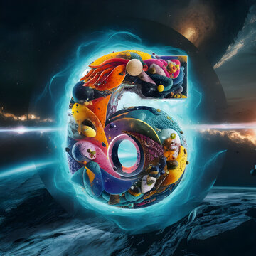 A captivating and conceptual cinematic illustration of a vibrant colorful Number 6
