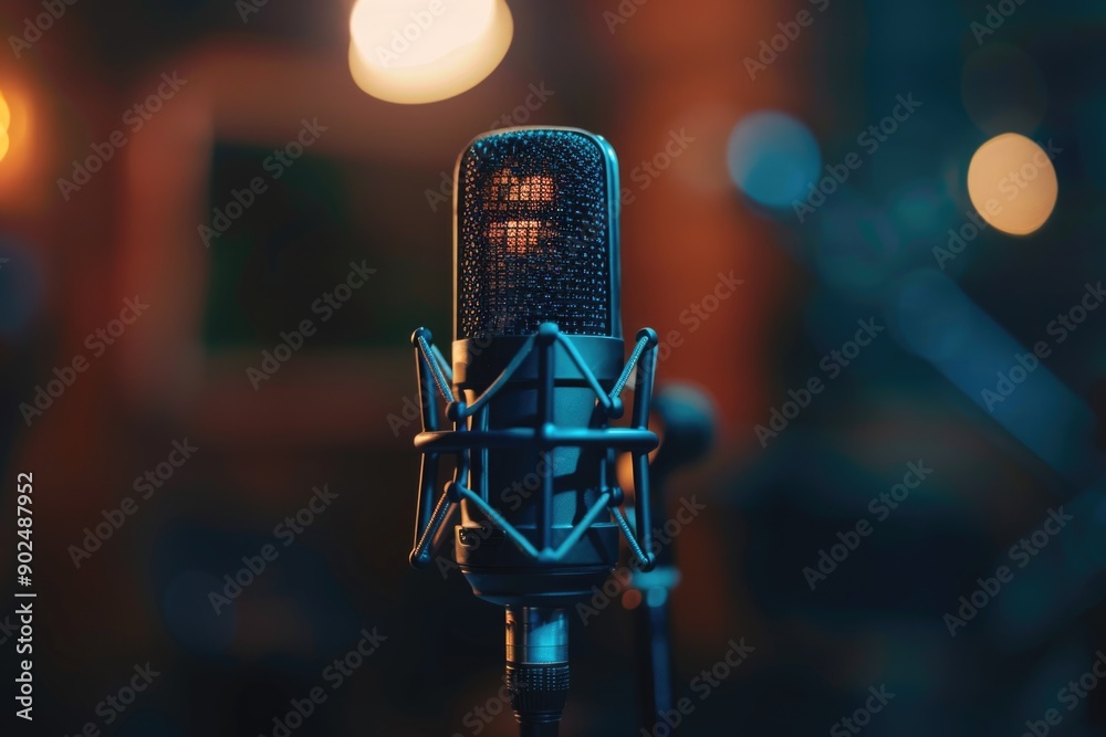 Poster a close-up shot of a microphone with a blurred background, suitable for music-related or audio-focus