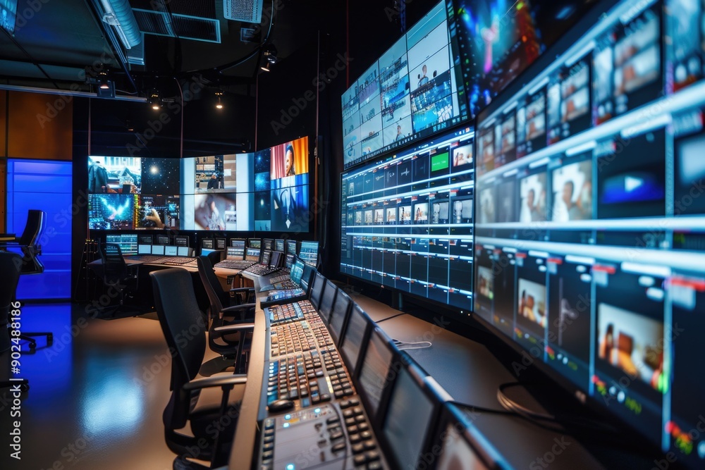Poster A modern control room with multiple computer monitors on the wall, suitable for use in business presentations or as a design element