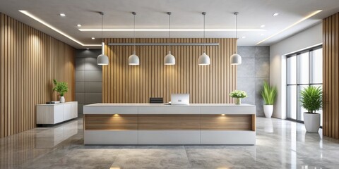 Modern Office Reception Desk Interior with Minimalist Design, Wooden Panels, and Natural Light