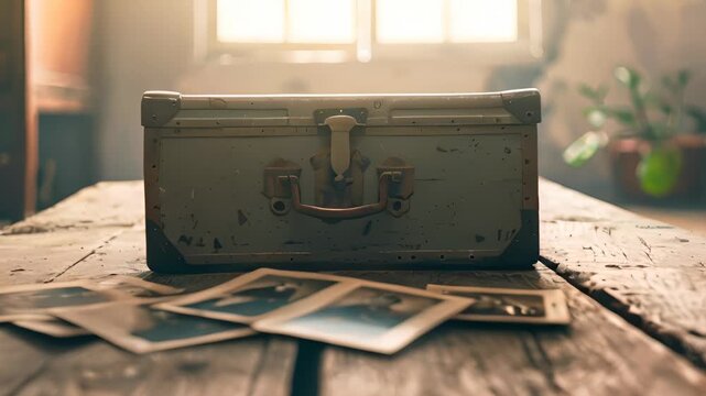 Vintage metal box with old photographs on a rustic wooden table in a nostalgic, sunlit room, evoking memories of the past.