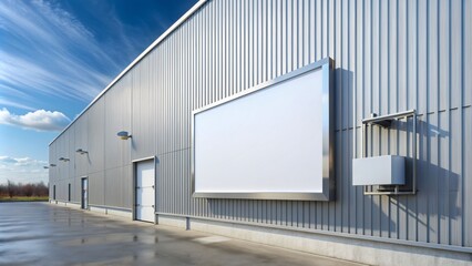 Obraz premium Modern Warehouse Perspective with Blank Billboard, Industrial Exterior, Blue Sky, and Cloud Reflections