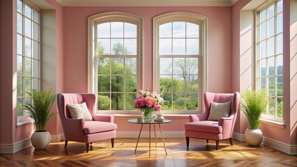 Pink Room Interior Design with Two Armchairs, Flowers, and Windows, interior design, room decor, pink aesthetic, home design