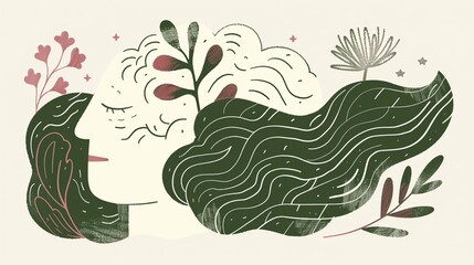 Illustration of a serene face with flowing hair intertwined with nature elements, symbolizing harmony and mindfulness in guided meditation.