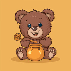 Fototapeta premium Cute cartoon teddy bear holding a pot hand drawn art Vector Icon Illustration