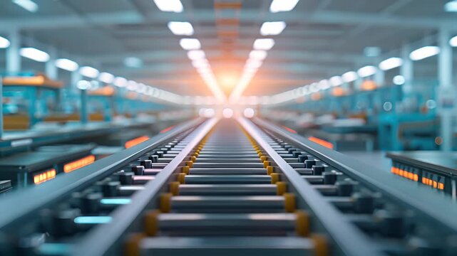 Industrial conveyor belt system in a modern, brightly lit manufacturing factory, showcasing automation and precision in production.
