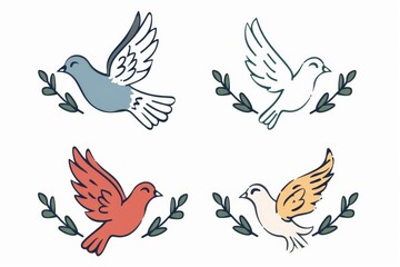 Peace dove icon, pigeons, dove twigs doodle sketched collection. Flying birds silhouettes on white