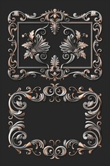 A collection of decorative elements featuring silver and gold details on a sleek black background