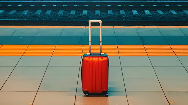 Red suitcase on a train station platform, ready for travel. Perfect image for themes of travel, adventure, and journey.