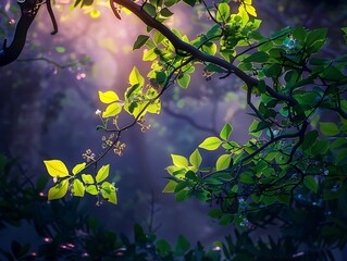 Obraz premium A tree branch with vibrant green leaves and small flowers, illuminated by the soft glow of the setting sun in a dense forest.