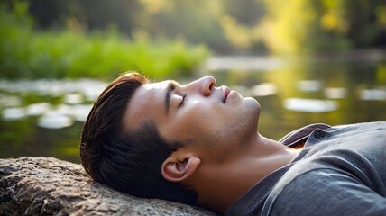 Young man closing his eyes while relaxing in the green forest, concept of FOREST BATHING, practice relaxation by spending time in forest to connect with nature