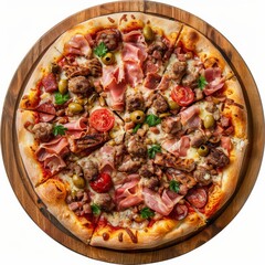 Meat Mix Pizza with Parma Ham, Sausages, Shish Kebab, Bacon, Olives, Tomato Sauce, Mozzarella