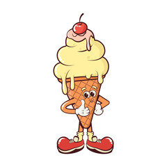 Cartoon groovy ice cream character. The mascot for the cafe.Vector illustration isolated on a white background.