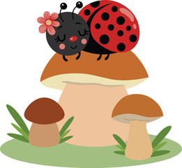 Funny ladybug on top of mushroom