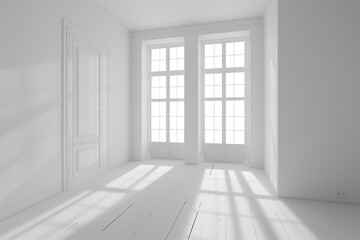 Pristine White Room, Color-Free Environment, Detailed Photorealistic Interior Design