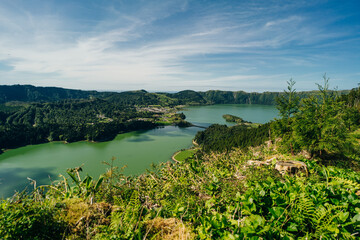 Naklejka premium Azores - volcanic blus lake Sete Cidades, green landscape in Portugal, San Miguel