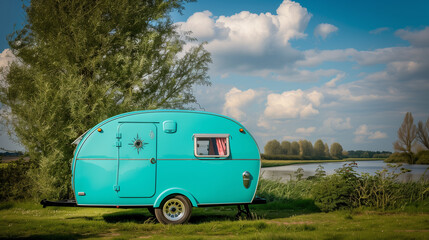 A blue camper van is parked in a grassy field next to a river