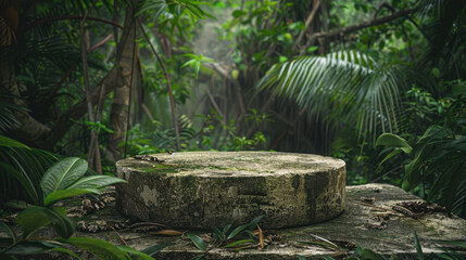 Obraz premium close up horizontal image of a stone podium stand in a jungle, lush vegetation, mockup space