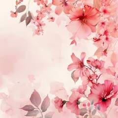 Watercolor Painting of Pink Flowers and Leaves on a White Background