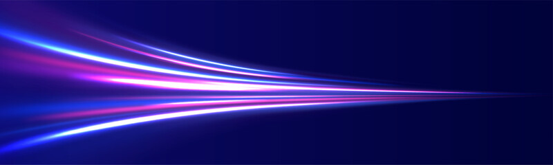 Speed connection vector background. Light and stripes moving fast over dark background. Database fast data transfer acceleration. Colorful dynamic motion on blue background.