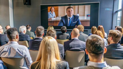 Back view of audience in the conference hall or seminar meeting with large media screen showing video presentation of business, workshop, conference, event concept