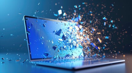 A laptop with cracked screen and broken body sitting on a table, useful for illustrating technology problems or repair scenarios