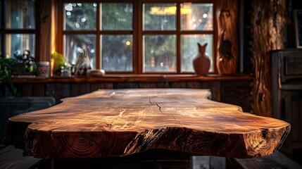 Rustic Wooden Table with Live Edge Set in Cozy Cabin Ideal for Displaying Artisanal Products