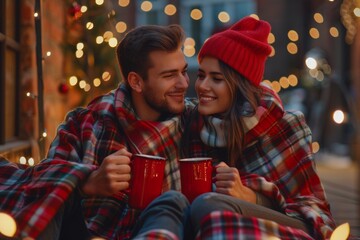 Happy couple with red mugs, wrapped in a tartan blanket, sitting close and enjoying each other's company against a backdrop of holiday lights.