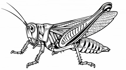 Detailed Black and White Illustration of a Grasshopper