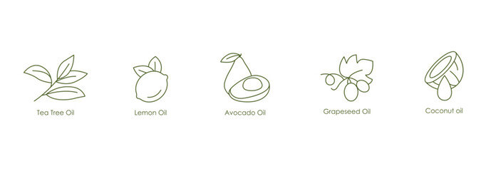 Refreshing and Nourishing Oils Vector Icons: Tea Tree, Lemon, Avocado, Grape Seed, Coconut