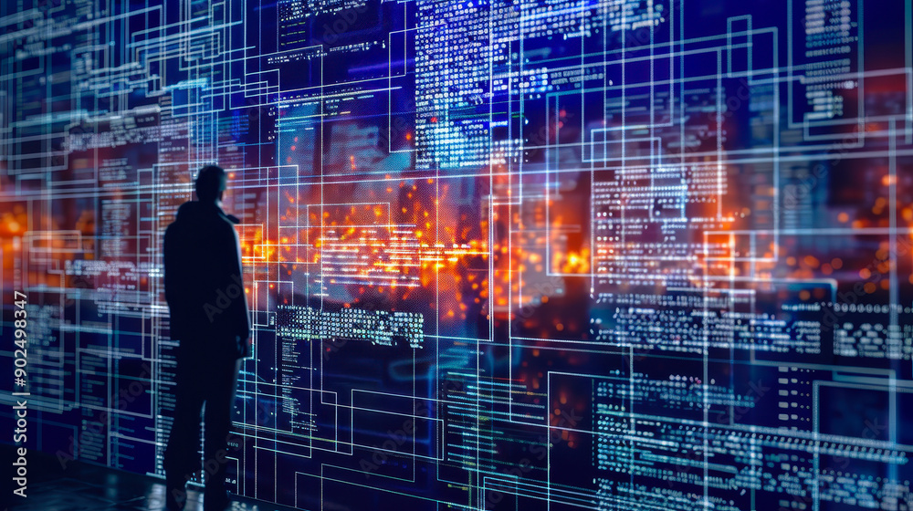 Poster silhouette of a programmer analyzing code on digital screen in futuristic setting at night for succe