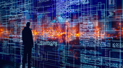Fototapeta premium Silhouette of a Programmer Analyzing Code on Digital Screen in Futuristic Setting at Night for Success in Technology