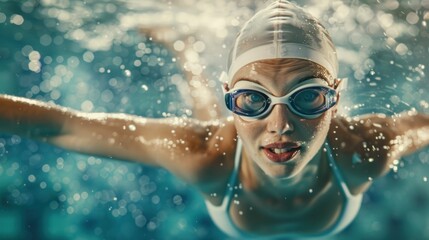 Fototapeta premium Close-up of a Female Swimmer with Goggles and Swim Cap in a Pool