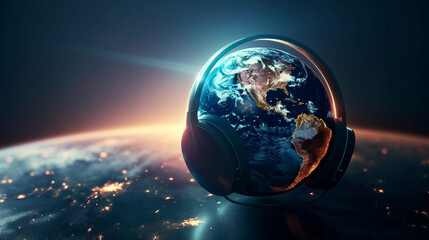 The world is listening, Earth with headphone on light background