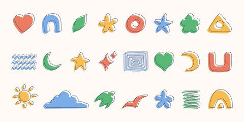 Abstract graphic doodles of symbols and shapes. Decorative stickers and design elements. Vector illustration.