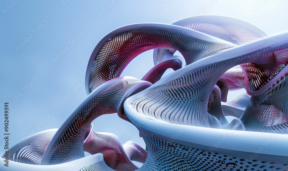 Poster futuristic parametric abstract structures with fluid design and dynamic curves in daylight for moder