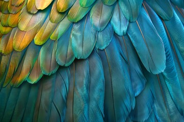 Fototapeta premium Blue Color Feathers Background, Rainbow Tint Colored Plumage, Scaly Wings Texture, Copy Space