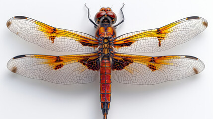 Vibrant Dragonfly on White Background: Detailed Close-Up of Colorful Insect with Transparent Wings and Intricate Patterns for Nature and Biology Themes