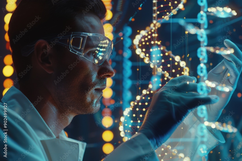 Fototapete a scientist in a lab coat and goggles examining a strand of lights, possibly for research or testing