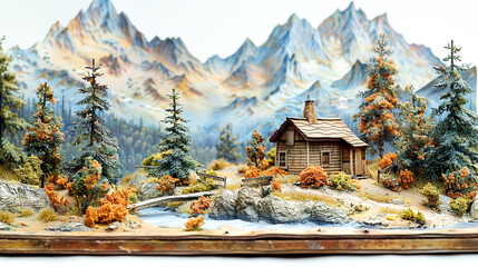 Obraz premium Tranquil Mountain Diorama with Cabin and Trees - Paper Craft Landscape Display